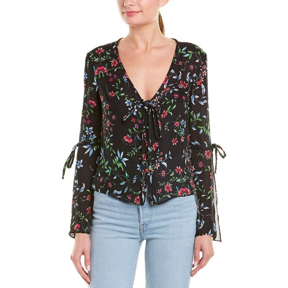 MILLY Wildflower Print 100% Silk Long Sleeve V-Neck Maggie Top Blouse Size Large